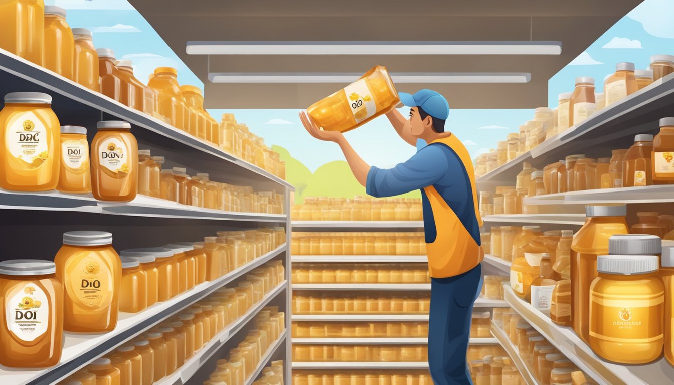 A hand reaches for a jar of Doi Kham brand honey on a grocery store shelf. A delivery truck unloads boxes of the honey at a store