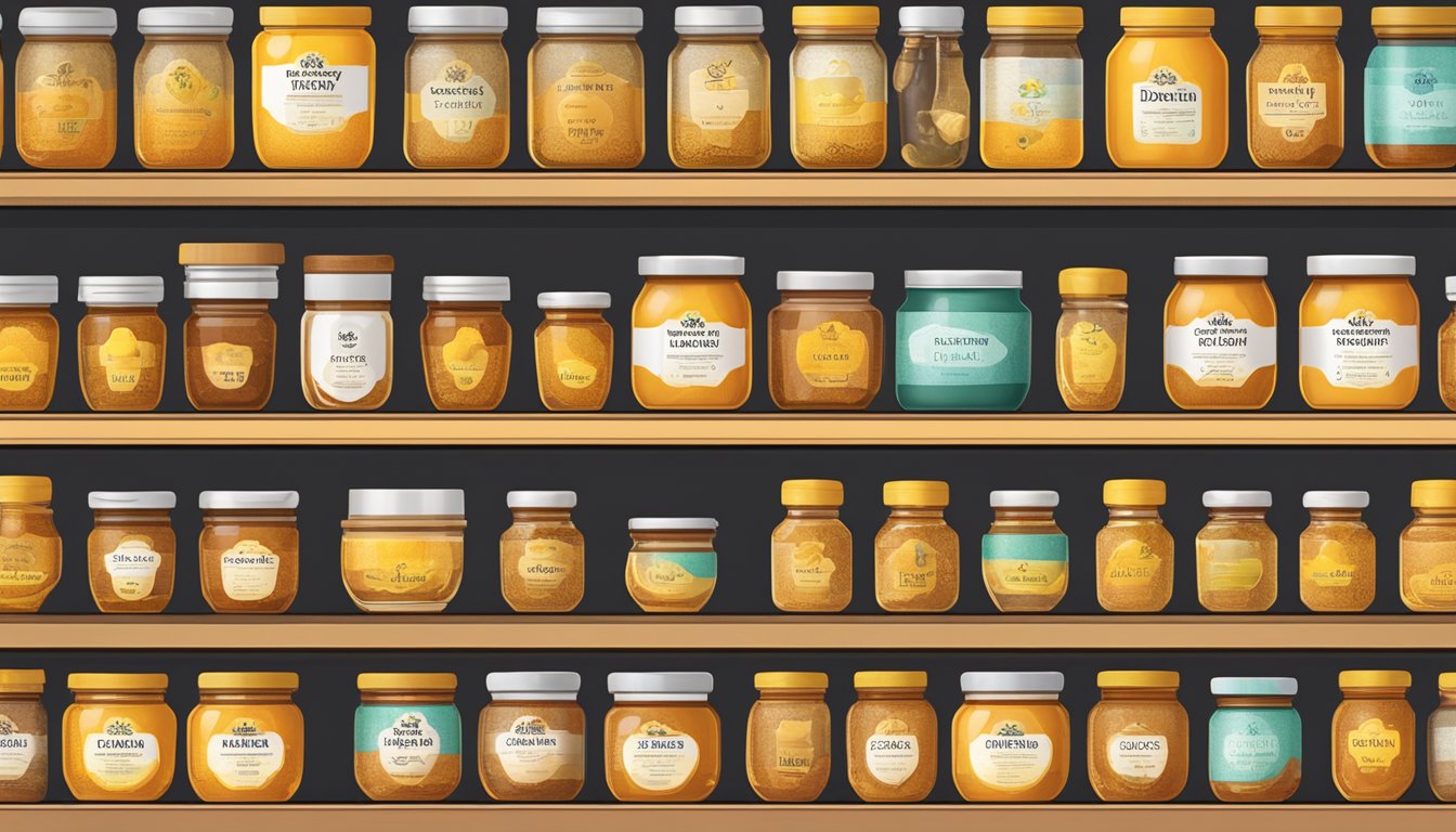 A shelf with neatly organized jars of Doi Kham brand honey, labeled with storage recommendations