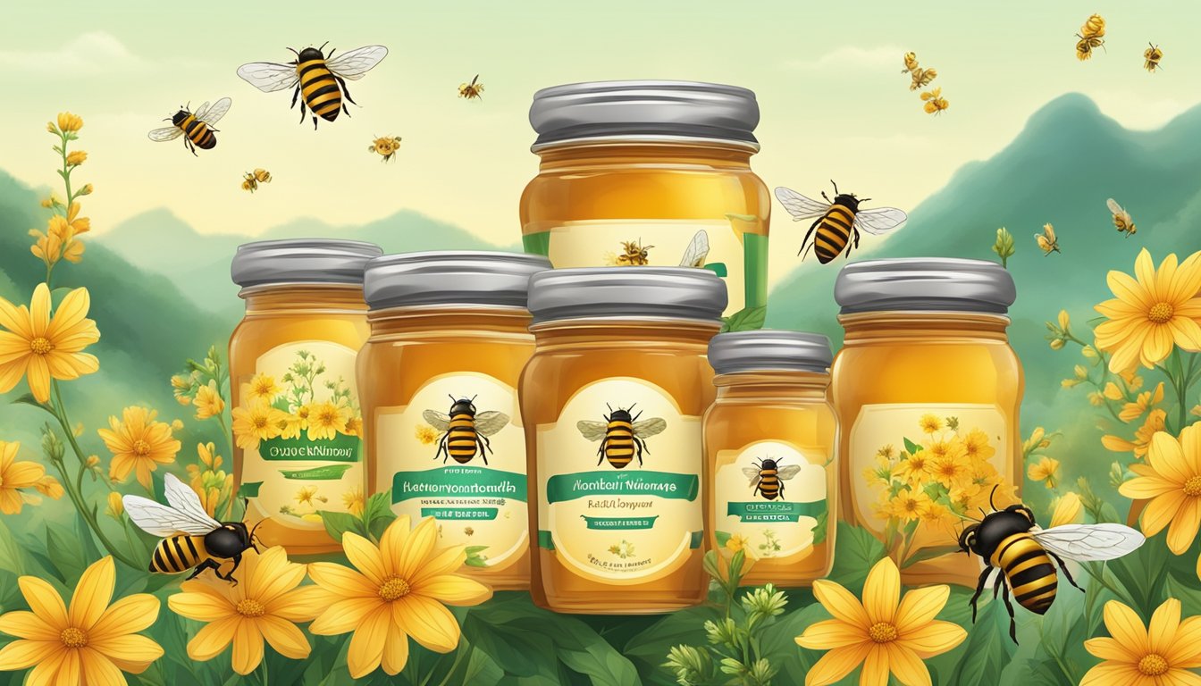 A jar of Doi Kham brand honey surrounded by buzzing bees and blooming wildflowers