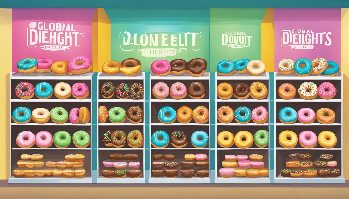 Colorful donut boxes lined up on shelves, displaying "Global Donut Delights" brand names