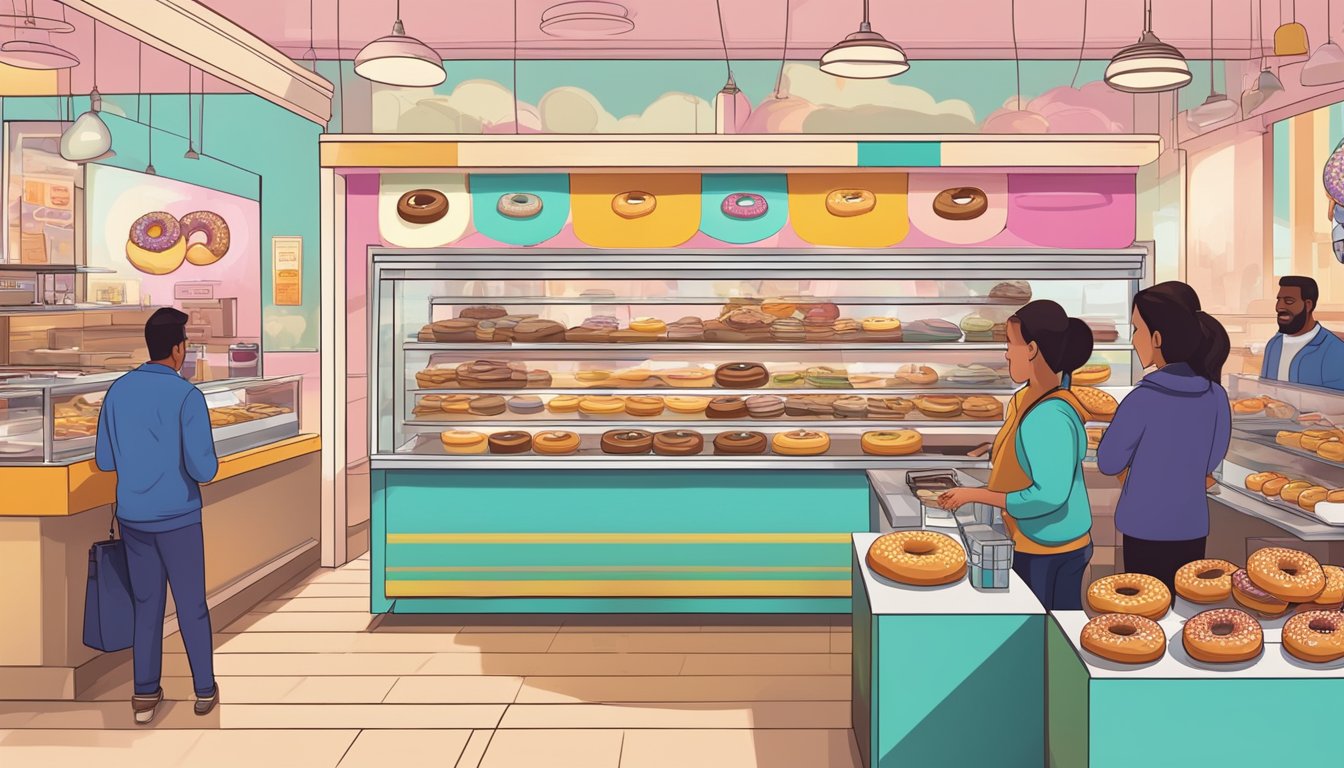 A bustling donut shop with colorful signage and a conveyor belt of freshly glazed donuts. Customers eagerly await their orders while the aroma of freshly baked treats fills the air