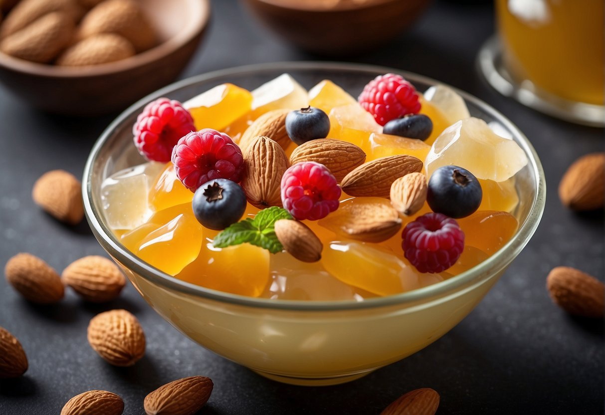 A bowl of almond jelly surrounded by colorful fruits and nuts, with a spoon resting on the side