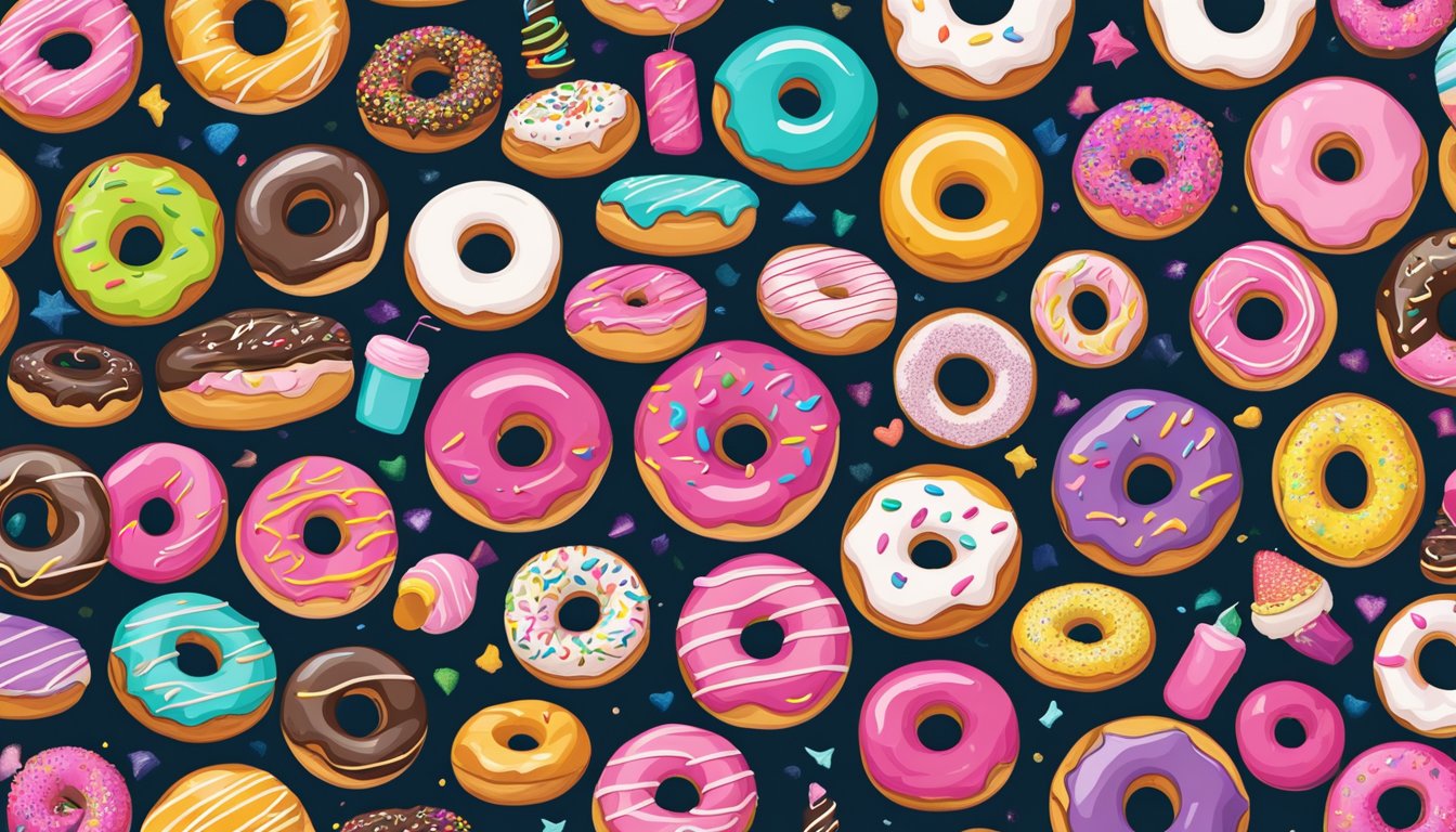 A colorful array of donut brand names displayed on a chalkboard, surrounded by whimsical illustrations of donuts and vibrant packaging designs