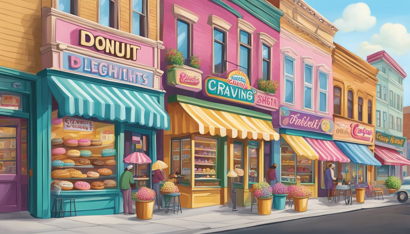 A colorful array of donut shop signs hang above a bustling street, each bearing unique and enticing names like "Sweet Cravings" and "Dough Delight"