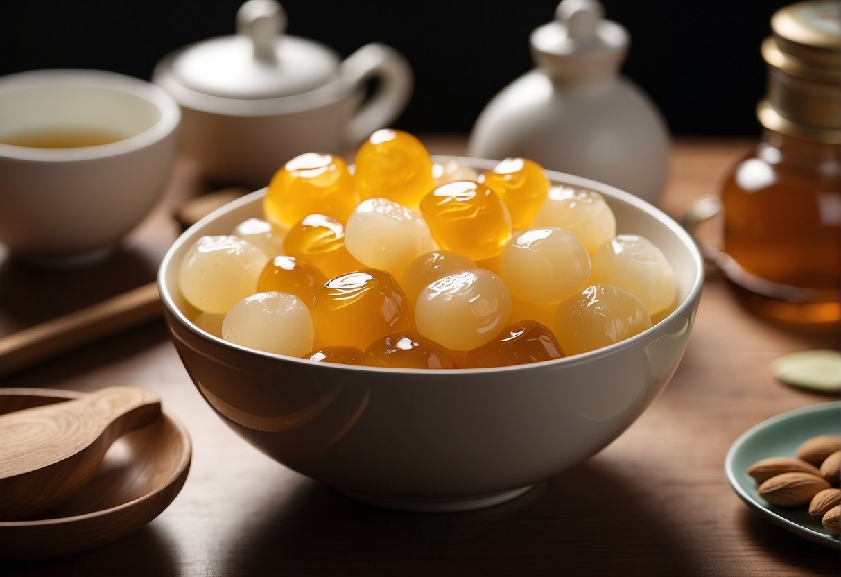 A bowl of Chinese almond jelly surrounded by ingredients and utensils on a clean kitchen counter