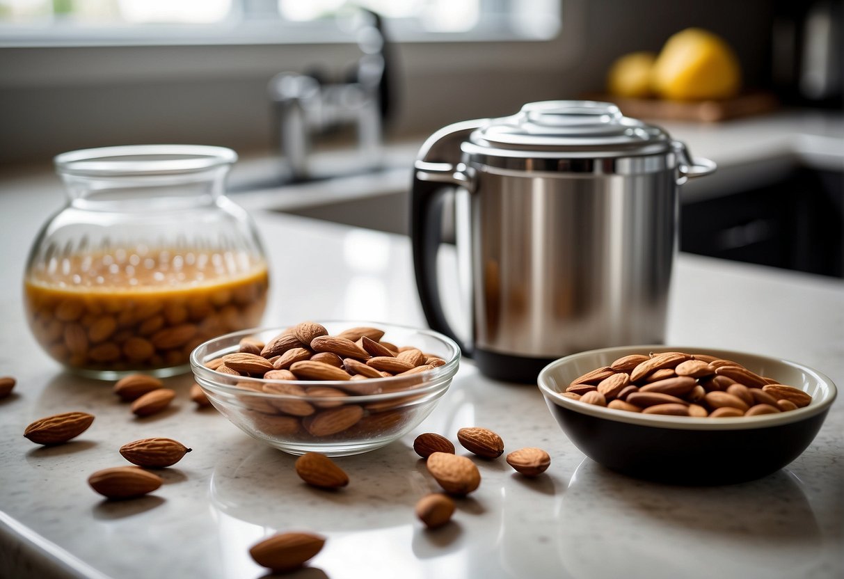 A bowl of soaked almonds, a blender, and a strainer on a kitchen counter. Ingredients like water and sweeteners are nearby