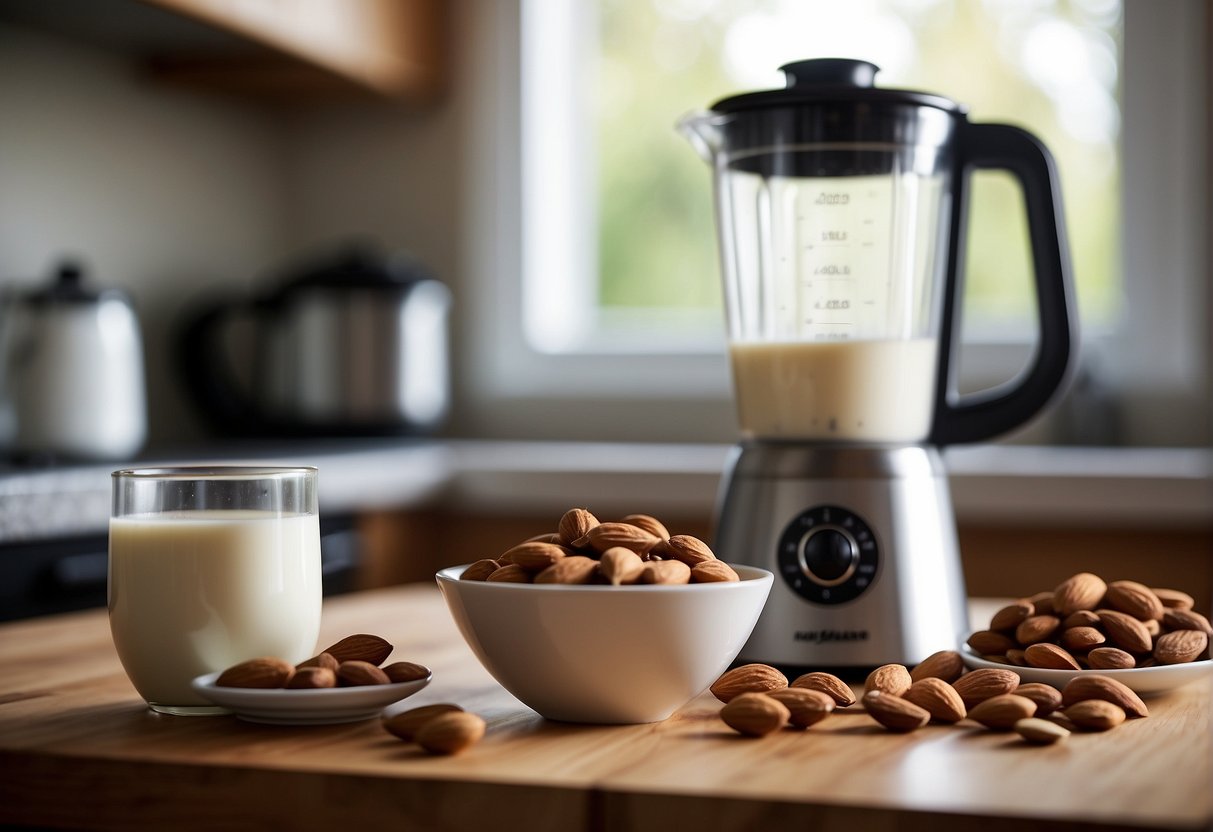A kitchen counter with a bowl of soaked almonds, a blender, a strainer, and a pitcher for straining almond milk