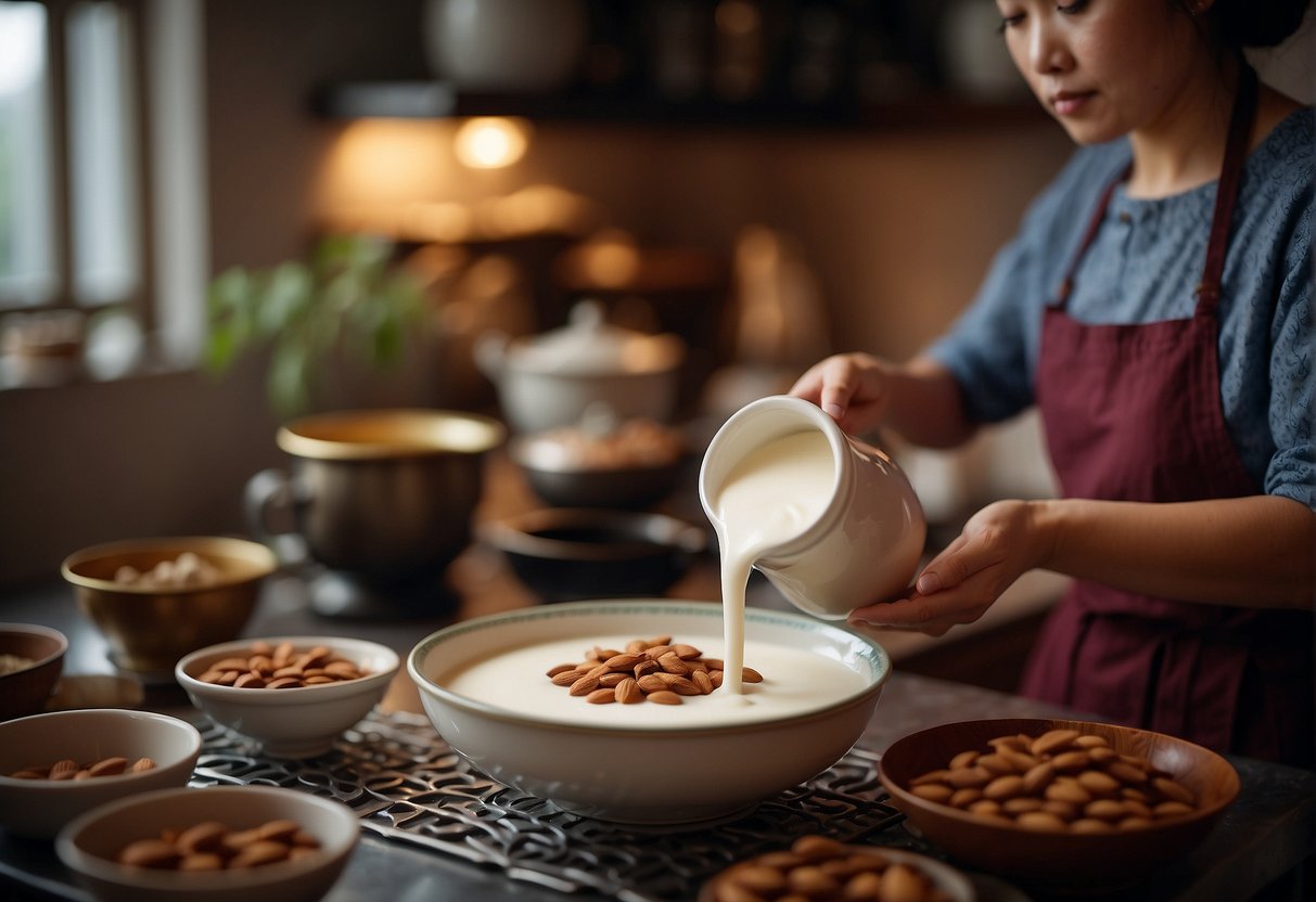 A woman in a traditional Chinese kitchen pours almond milk into a decorative porcelain bowl, surrounded by ingredients like almonds, sugar, and a small pot on a stove