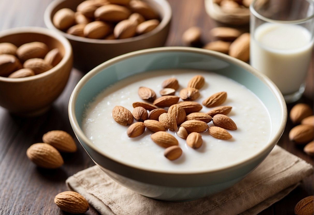 A bowl of freshly made Chinese almond milk surrounded by ingredients like almonds, sugar, and water, with a recipe book open to the "Frequently Asked Questions" section