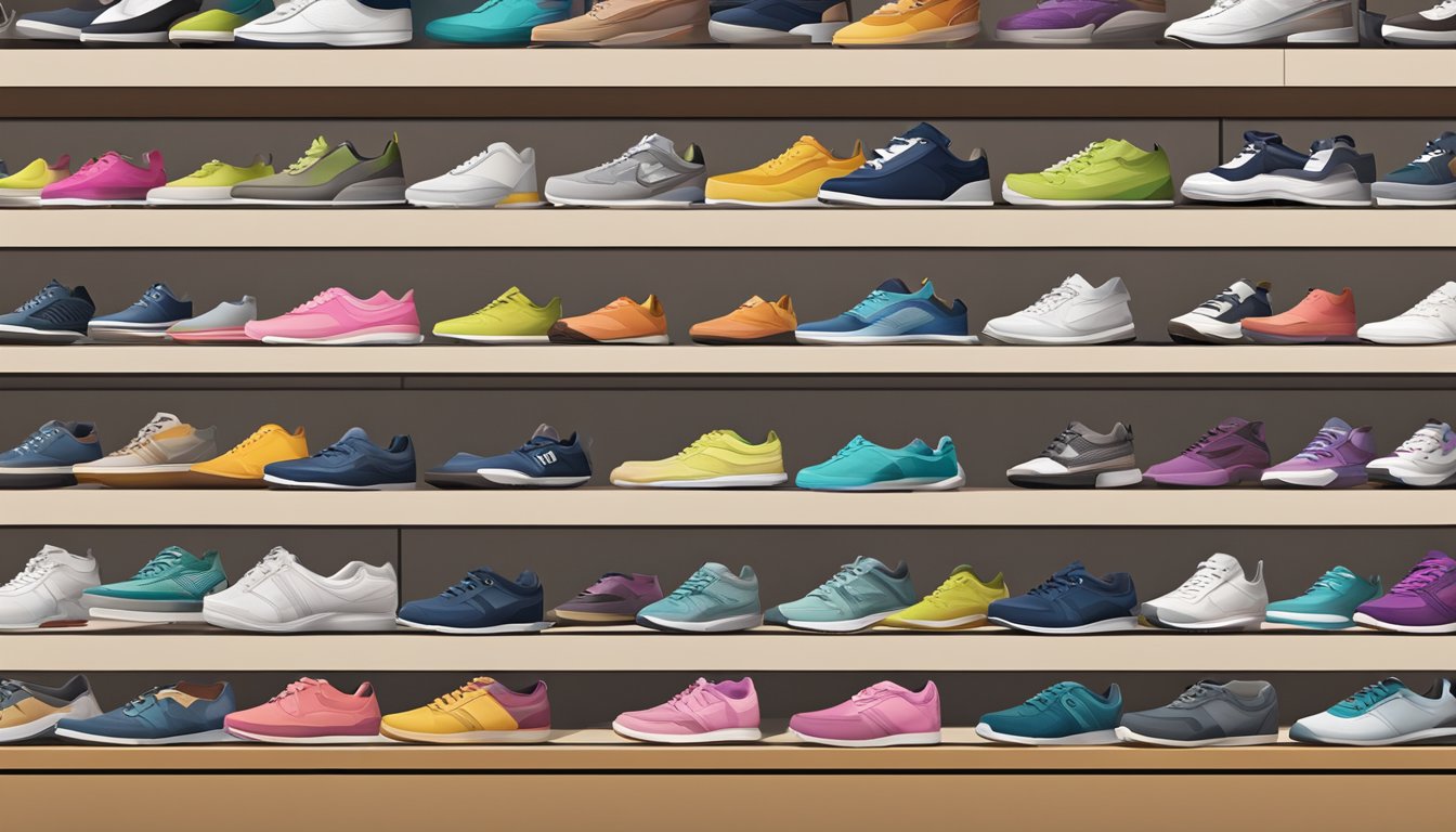 A colorful display of DSW shoe brands arranged on shelves with various styles and sizes