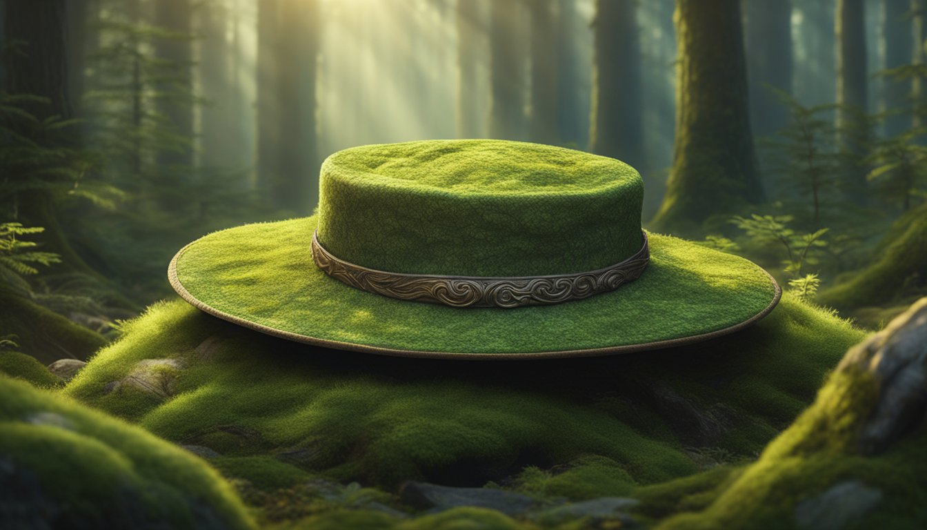 A dragon brand hat rests on a moss-covered stone in a mystical forest clearing. Sunlight filters through the trees, casting a warm glow on the intricate details of the hat