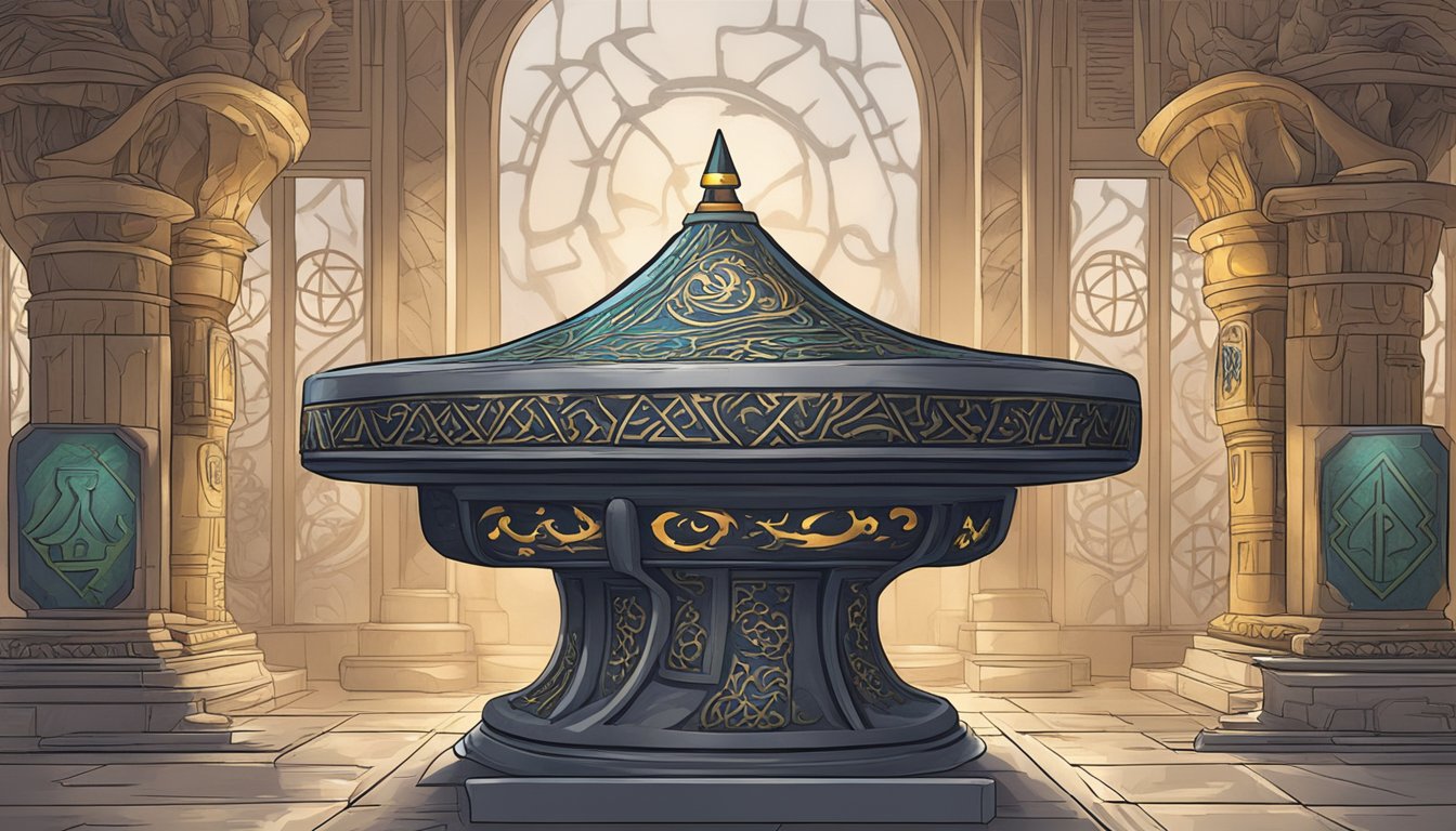 A dragon brand hat rests on a stone pedestal, surrounded by glowing runes and ancient symbols