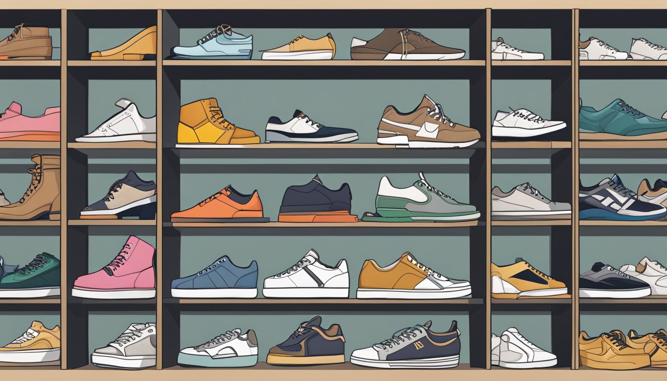 A diverse collection of shoes arranged neatly on display shelves, ranging from casual sneakers to elegant high heels, showcasing the variety of footwear options available from DSW shoe brands