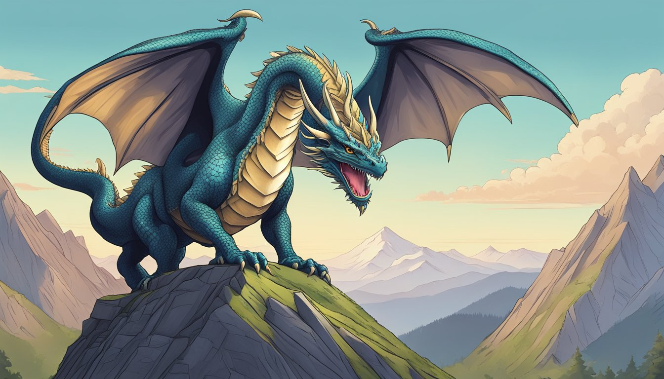 A majestic dragon perched atop a mountain, wearing our Premium Products hat with pride