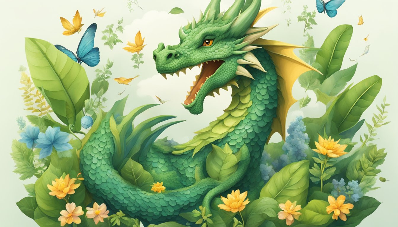 A dragon wearing a hat made of sustainable materials, surrounded by eco-friendly symbols and nature elements