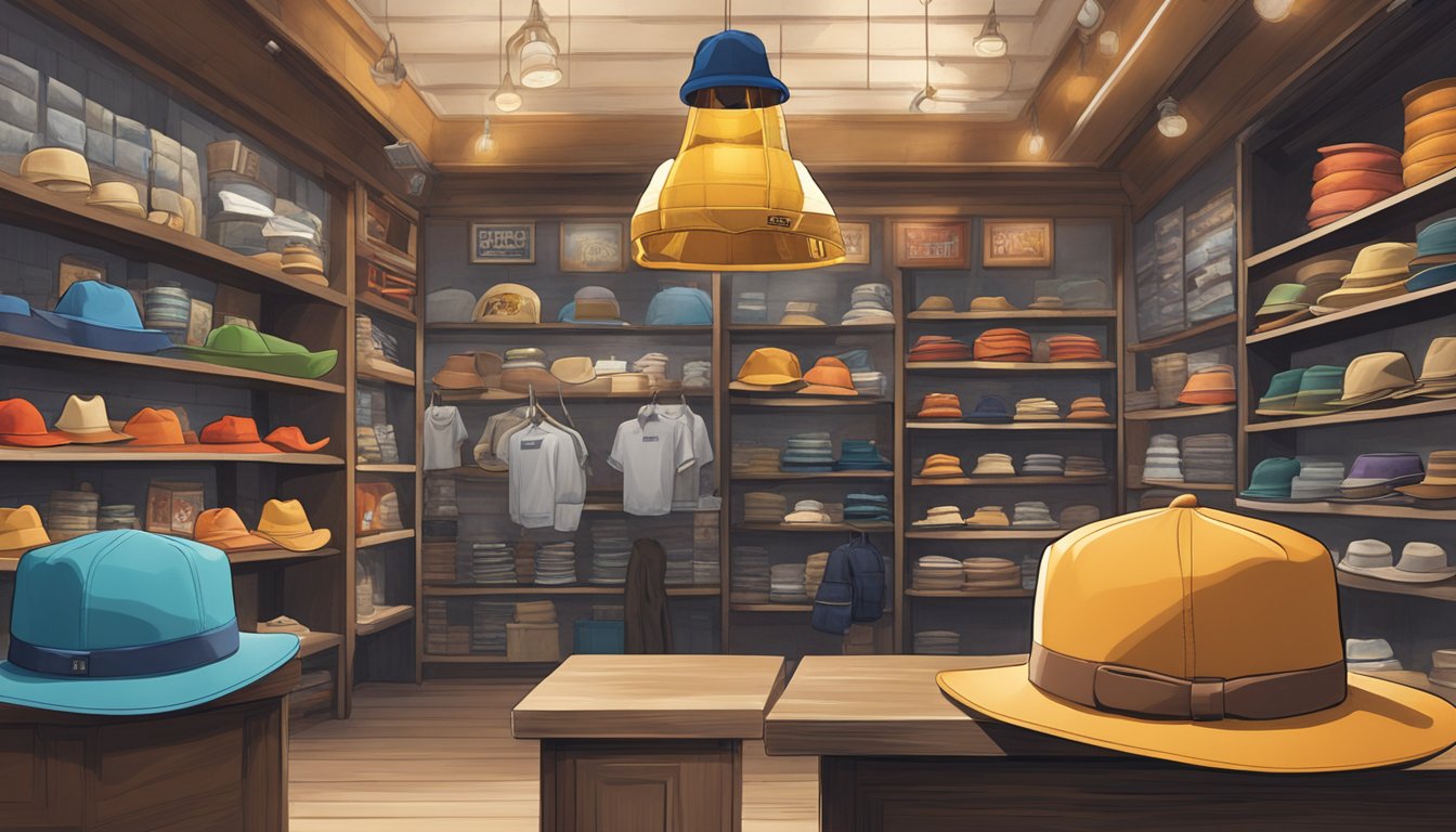 A dragon brand hat displayed prominently in a well-lit shop, surrounded by other merchandise. The hat is positioned to catch the attention of passing customers