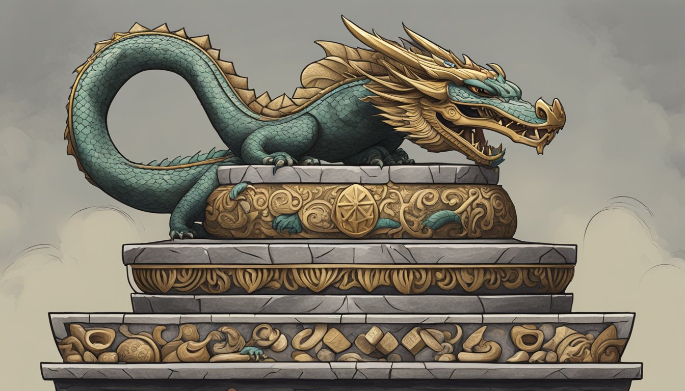 A dragon brand hat atop a stone pedestal, surrounded by ancient symbols and artifacts
