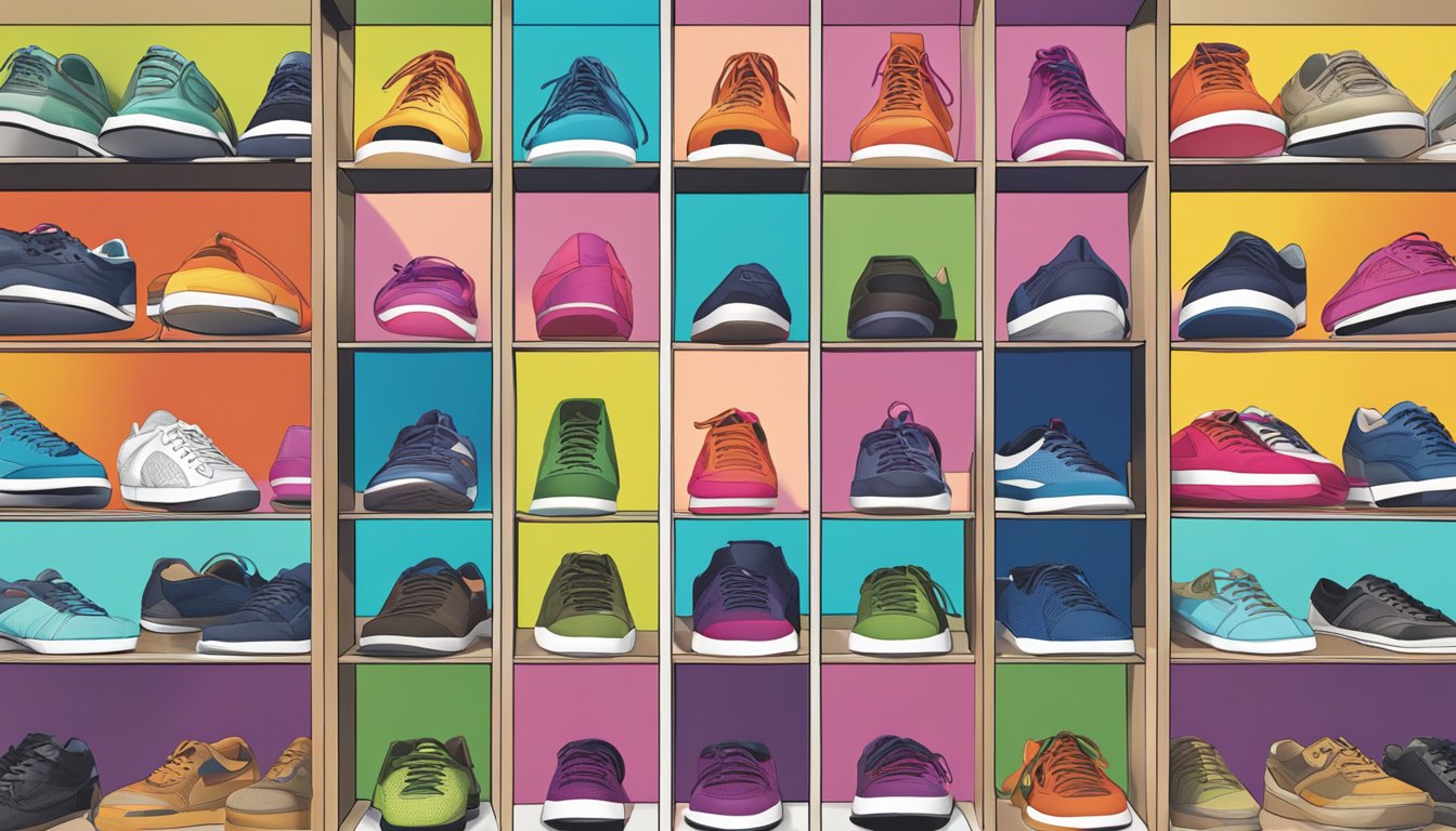 A colorful display of DSW shoe brands with "Shopping Perks" signage