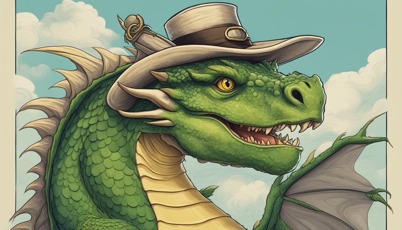 A dragon wearing a hat with the words "Frequently Asked Questions" printed on it