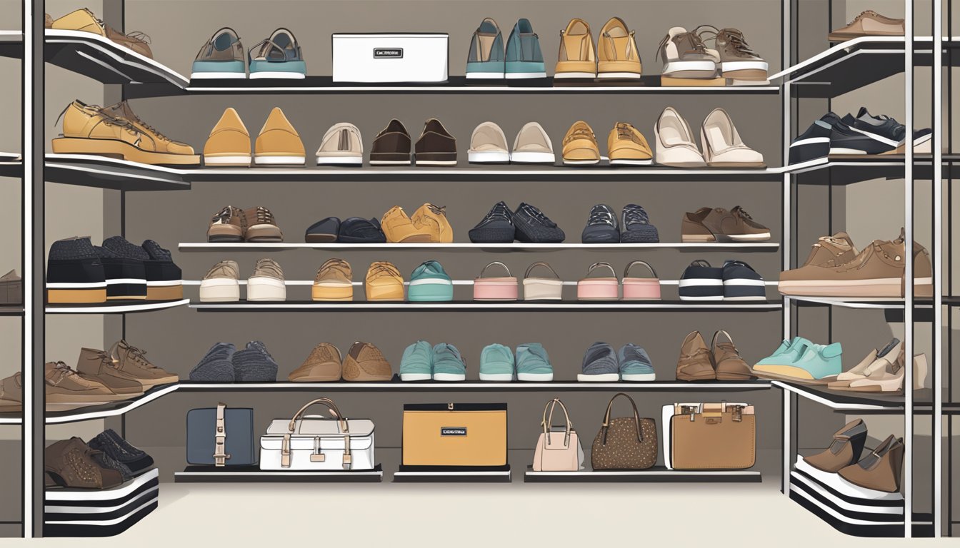 A display of various DSW shoe brands, arranged neatly on shelves with accompanying accessories such as handbags, shoe care products, and insoles