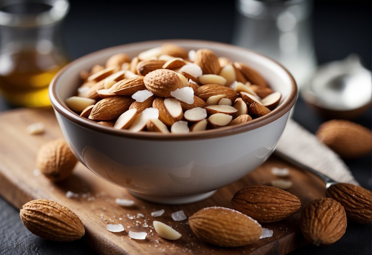 A bowl of ground almonds, sugar, and water mixed in a saucepan over low heat until thickened. A spoon stirs the smooth paste