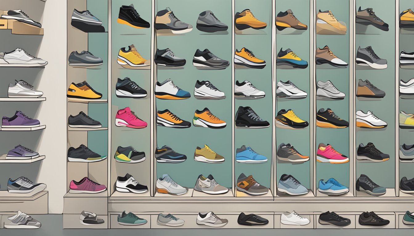 A display of various shoe brands with "Frequently Asked Questions" signage