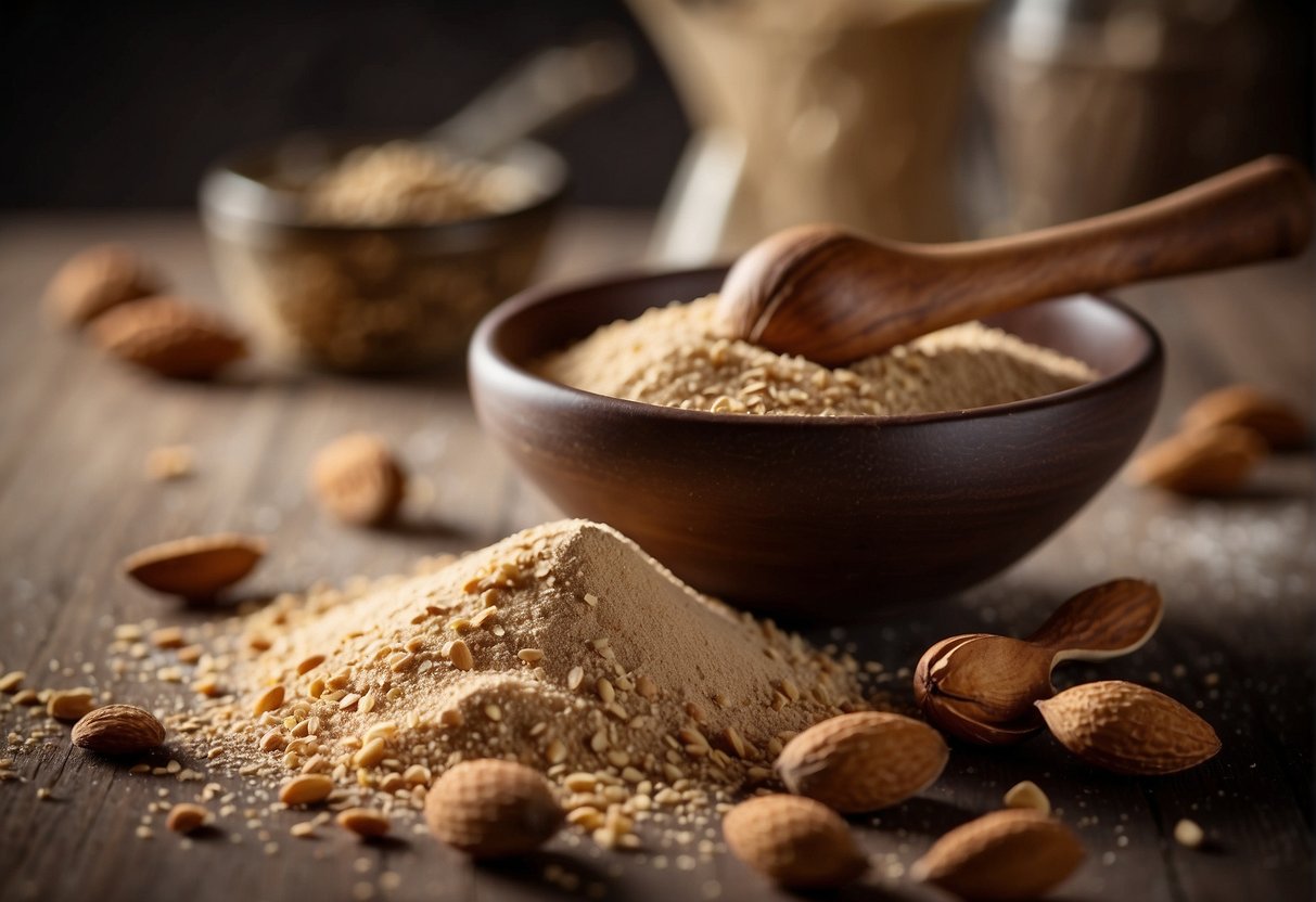 A mortar and pestle crushes almonds into a fine powder. A bowl mixes the almond powder with sugar and water to create a smooth paste