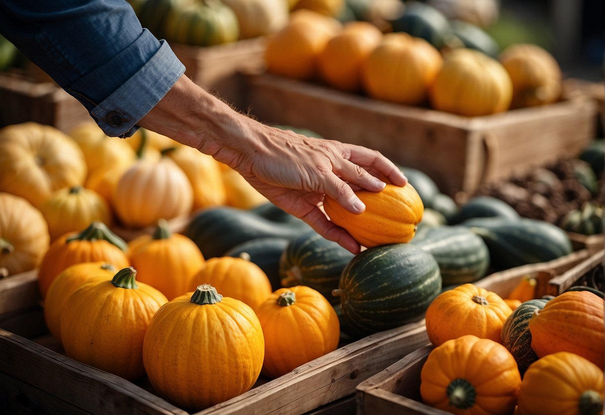 A hand reaching for a vibrant Chinese winter squash amid a display of various squash varieties, with a backdrop of a rustic market or farm stand