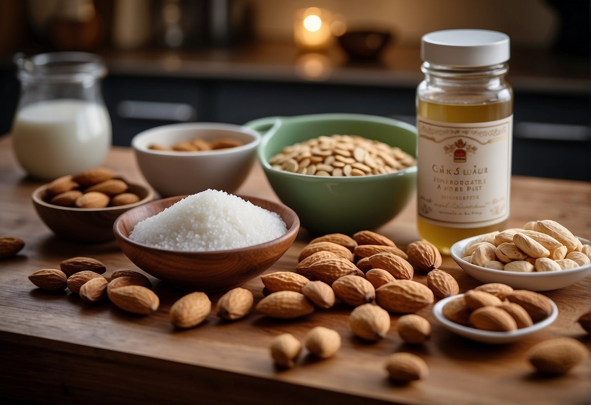 A kitchen counter with ingredients for Chinese almond paste. A mixing bowl, almonds, sugar, and water are neatly organized. A recipe book is open to a page with baking and storage tips