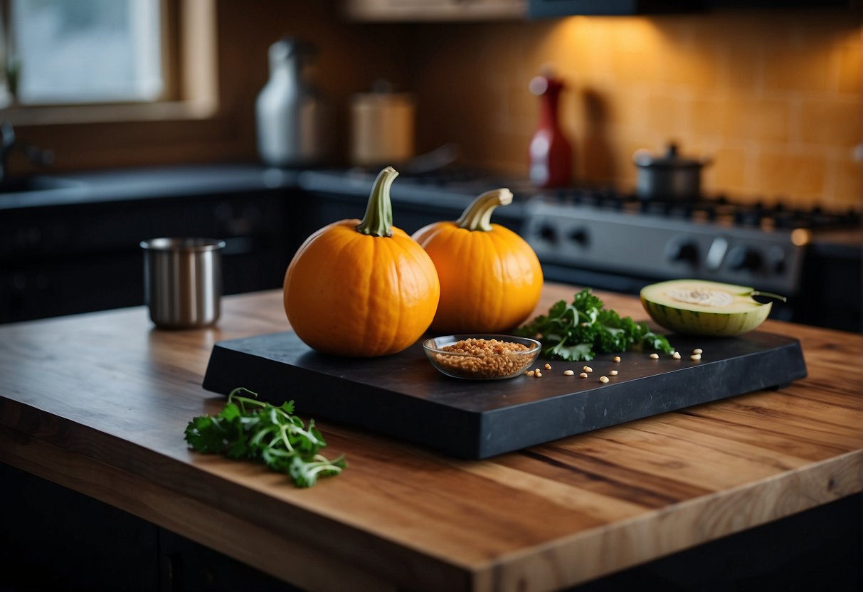 A cutting board with a knife, chinese winter squash, ginger, garlic, soy sauce, and a wok on a stove