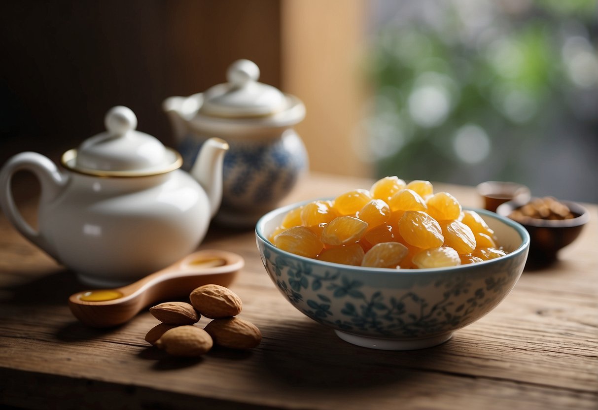 A bowl of Chinese almond paste sits on a wooden table, surrounded by scattered almond nuts and a small dish of honey. A teapot and cup are placed nearby