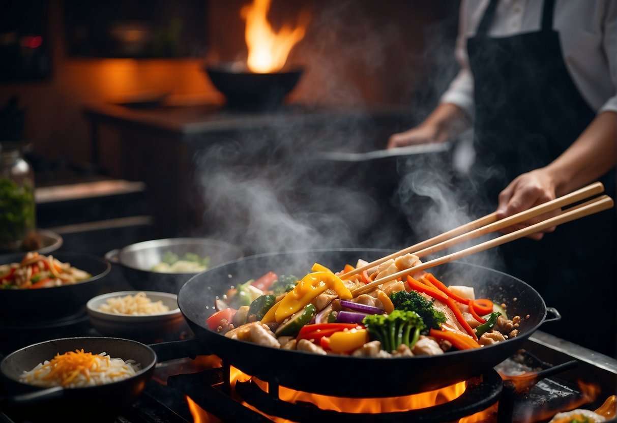 A sizzling wok filled with colorful stir-fry ingredients, steam rising as the chef tosses them with a pair of chopsticks