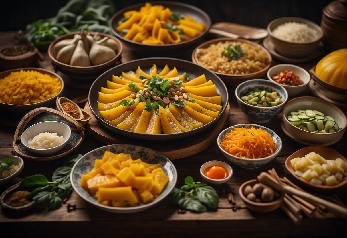 A table filled with traditional Chinese squash dishes, surrounded by colorful ingredients and cooking utensils