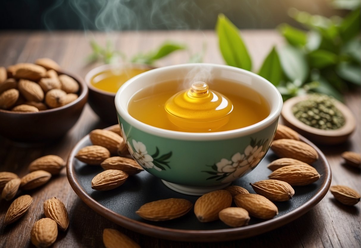 A bowl of Chinese almond paste surrounded by fresh almonds, honey, and a mortar and pestle. A steaming cup of green tea sits beside it