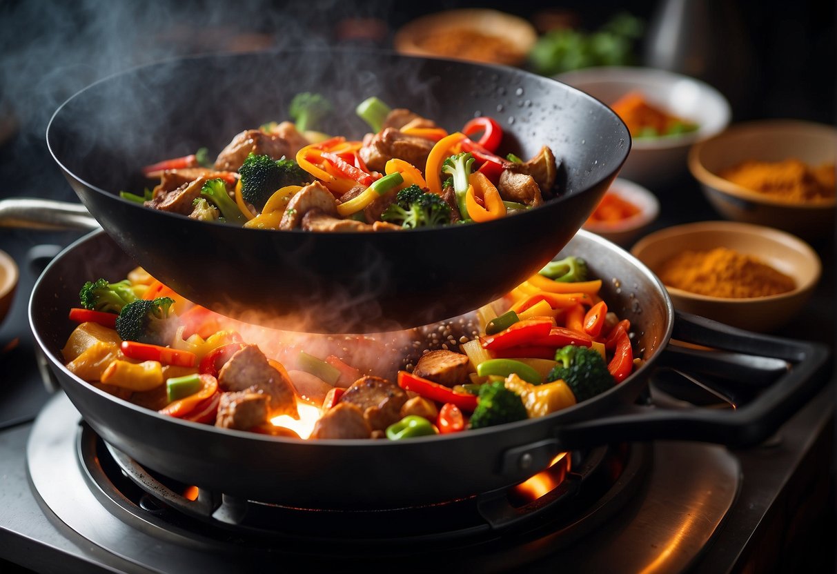 A sizzling wok on a gas stove, filled with colorful stir-fry ingredients, emitting aromatic steam, surrounded by various spices and sauces