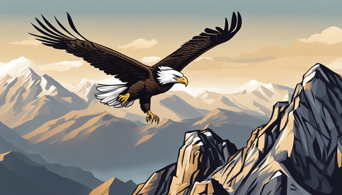 An eagle brand clothing logo displayed on a rugged mountain peak, with a majestic eagle soaring overhead