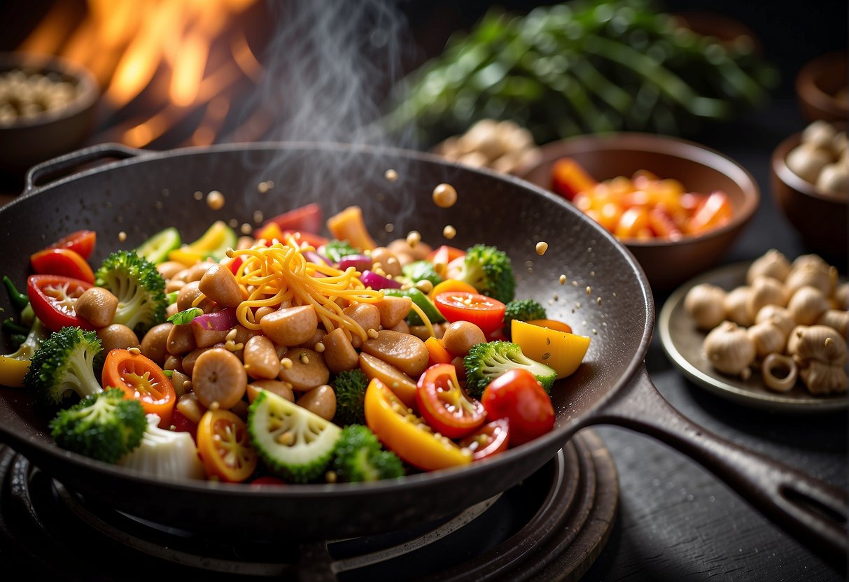 A sizzling Chinese wok filled with vibrant ingredients like ginger, garlic, soy sauce, and a medley of colorful vegetables, emanating an aromatic blend of savory and sweet flavors