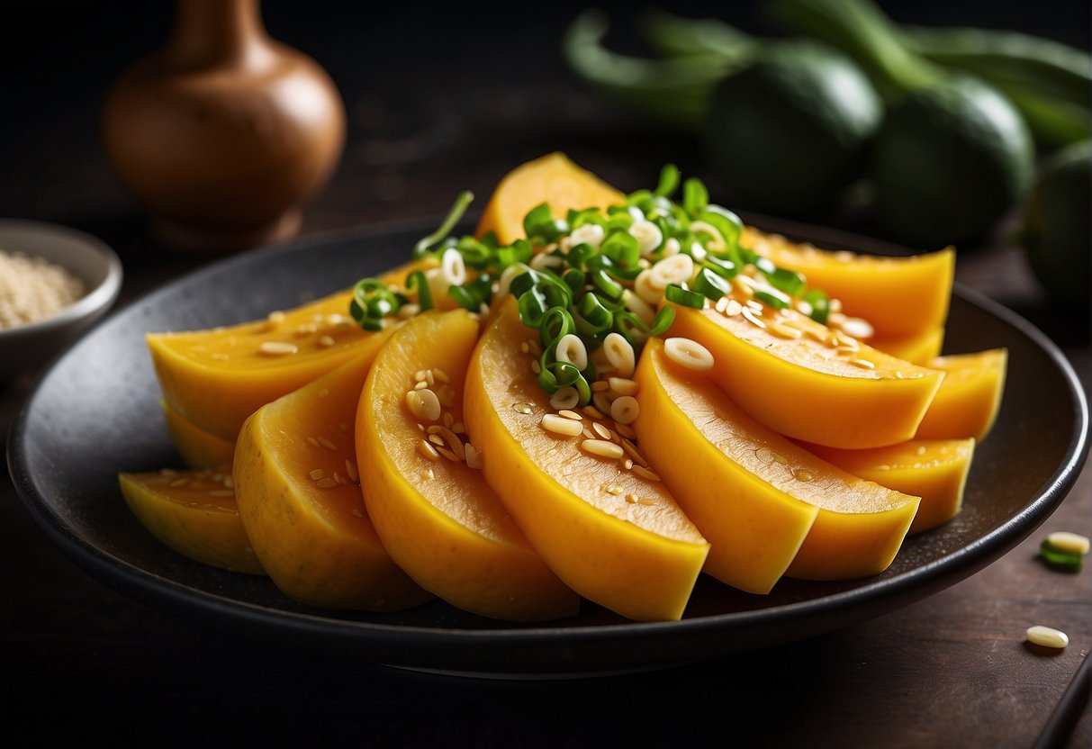 Chinese winter squash being sliced with precision, steamed, stir-fried, and garnished with sesame seeds and green onions