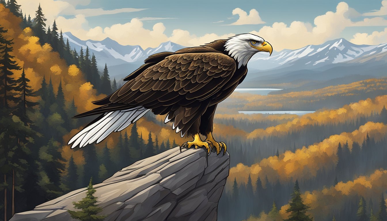 An eagle perched majestically on a rugged cliff, overlooking a vast forest. The eagle's sharp eyes convey strength and resilience, embodying the heritage of the brand