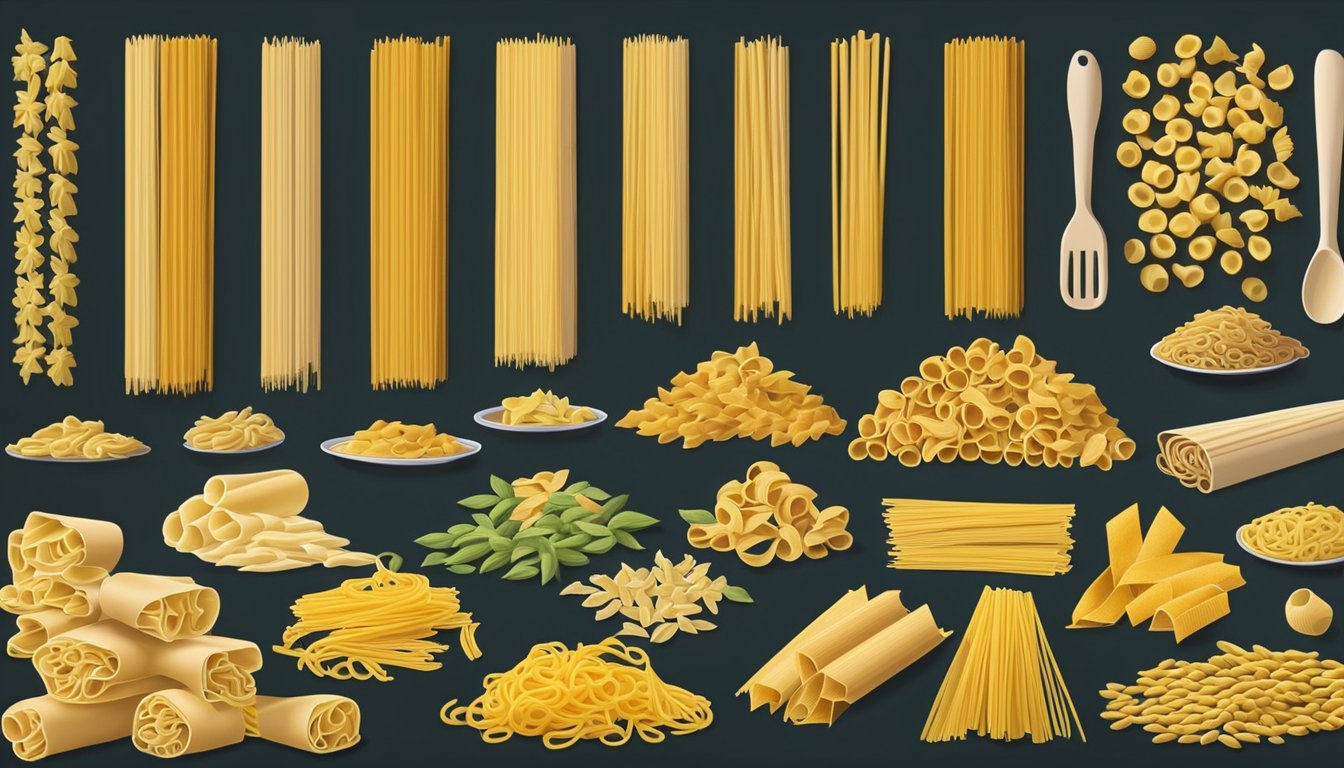 Various types of dry pasta, such as spaghetti, penne, and farfalle, are arranged in an organized and artistic display, showcasing the art of pasta making