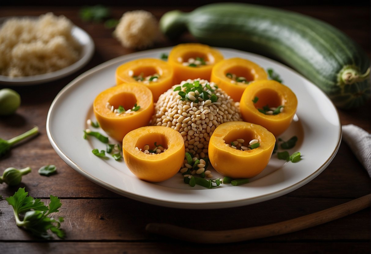 Chinese winter squash being garnished with sesame seeds and green onions, then elegantly served on a white porcelain plate