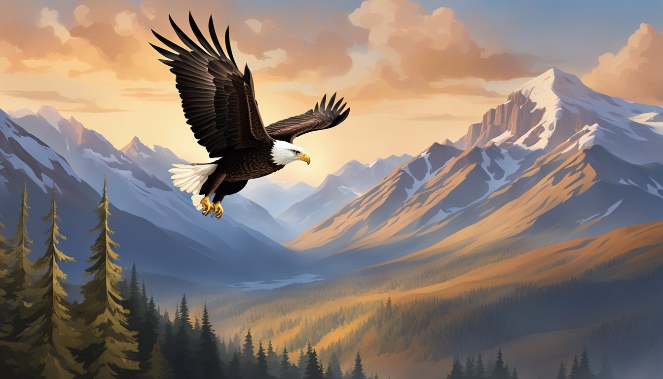 A majestic eagle soars above a mountainous landscape, with the iconic Eagle Brand clothing logo prominently displayed in the sky