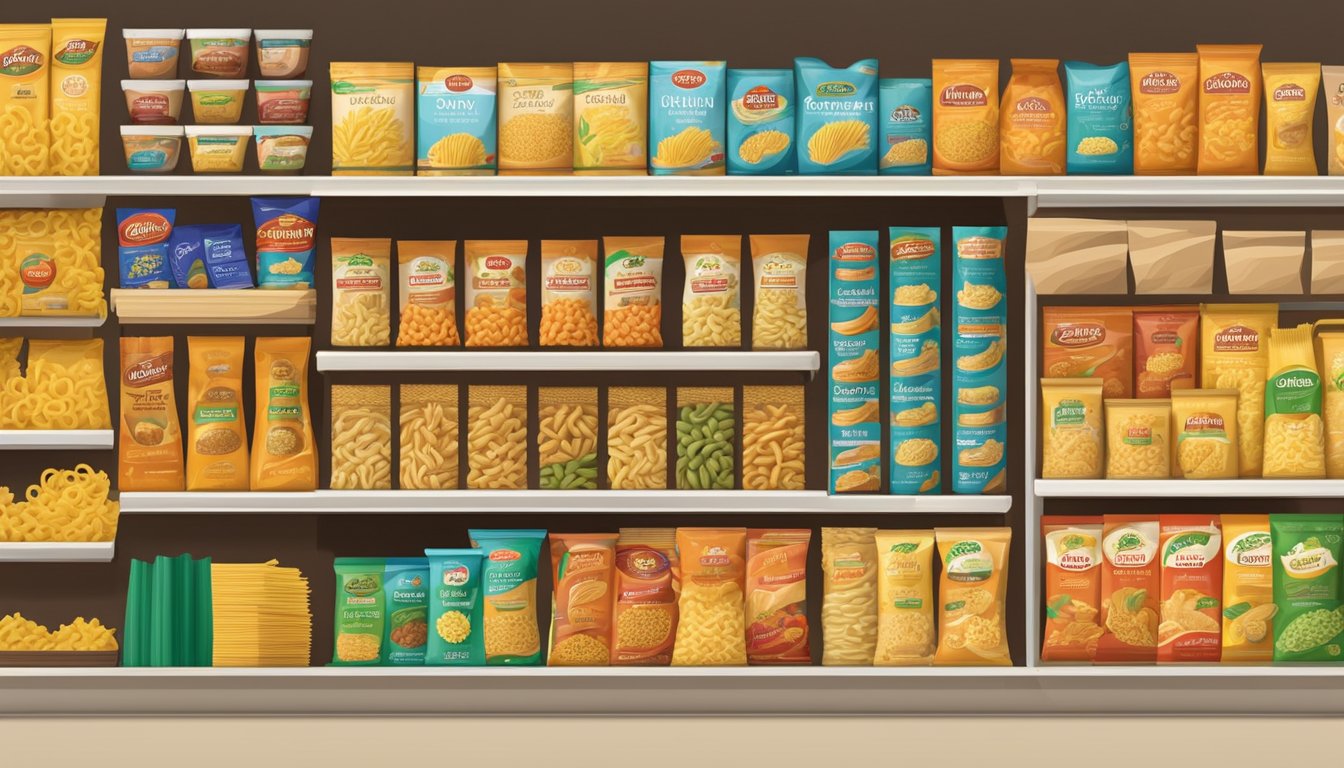 A variety of dry pasta brands displayed on a shelf in a grocery store. Different shapes and sizes of pasta packages neatly arranged