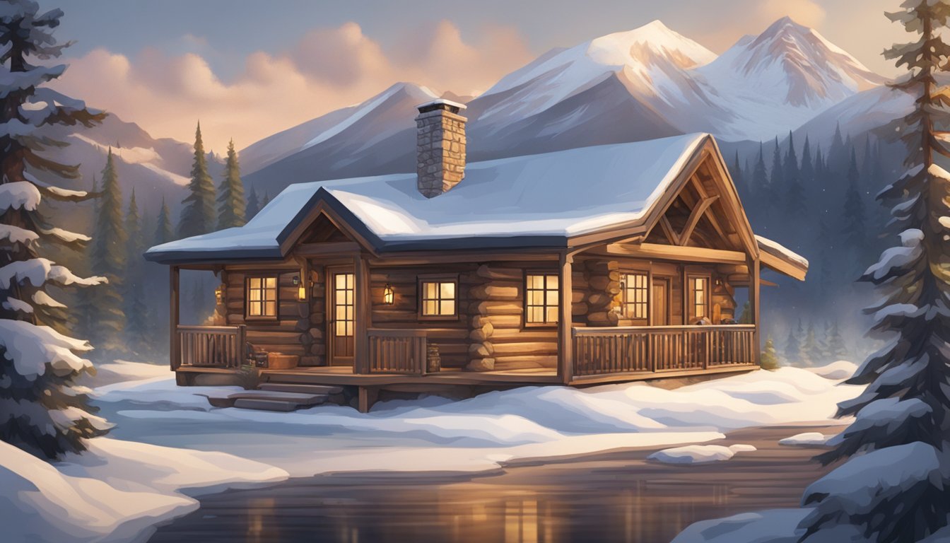 A cozy cabin with a roaring fire, surrounded by snow-capped mountains and pine trees, with a stylish eagle brand clothing displayed on a wooden rack
