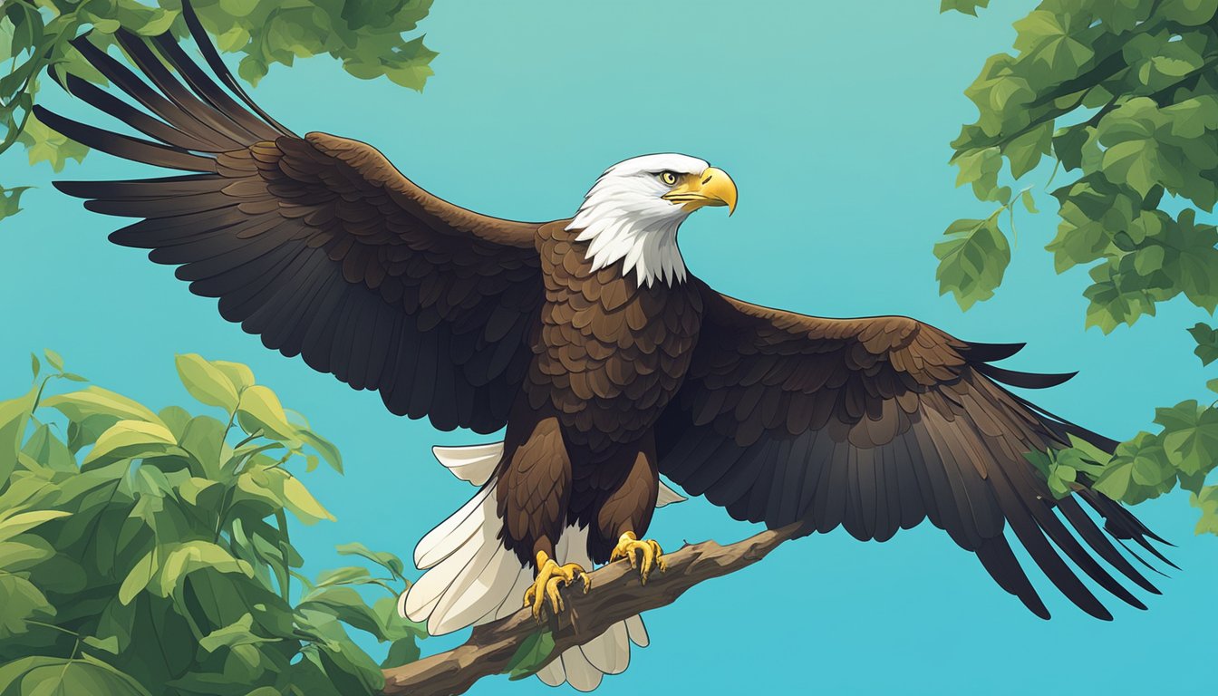 A majestic eagle perched on a tree branch, surrounded by lush greenery and clear blue skies, symbolizing sustainability and ethical practices for a clothing brand