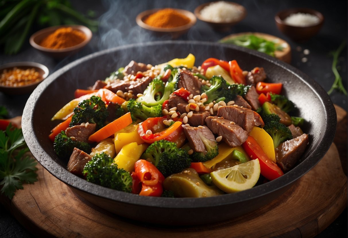 A sizzling wok filled with colorful stir-fried vegetables and tender pieces of marinated meat, surrounded by an array of traditional Chinese spices and sauces
