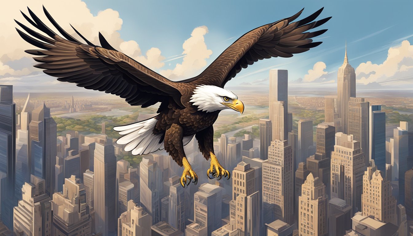 A majestic eagle soars above a bustling city, its wings outstretched as it carries a banner with the logo of a popular clothing brand. The city skyline and bustling streets below showcase the brand's wide reach and influence