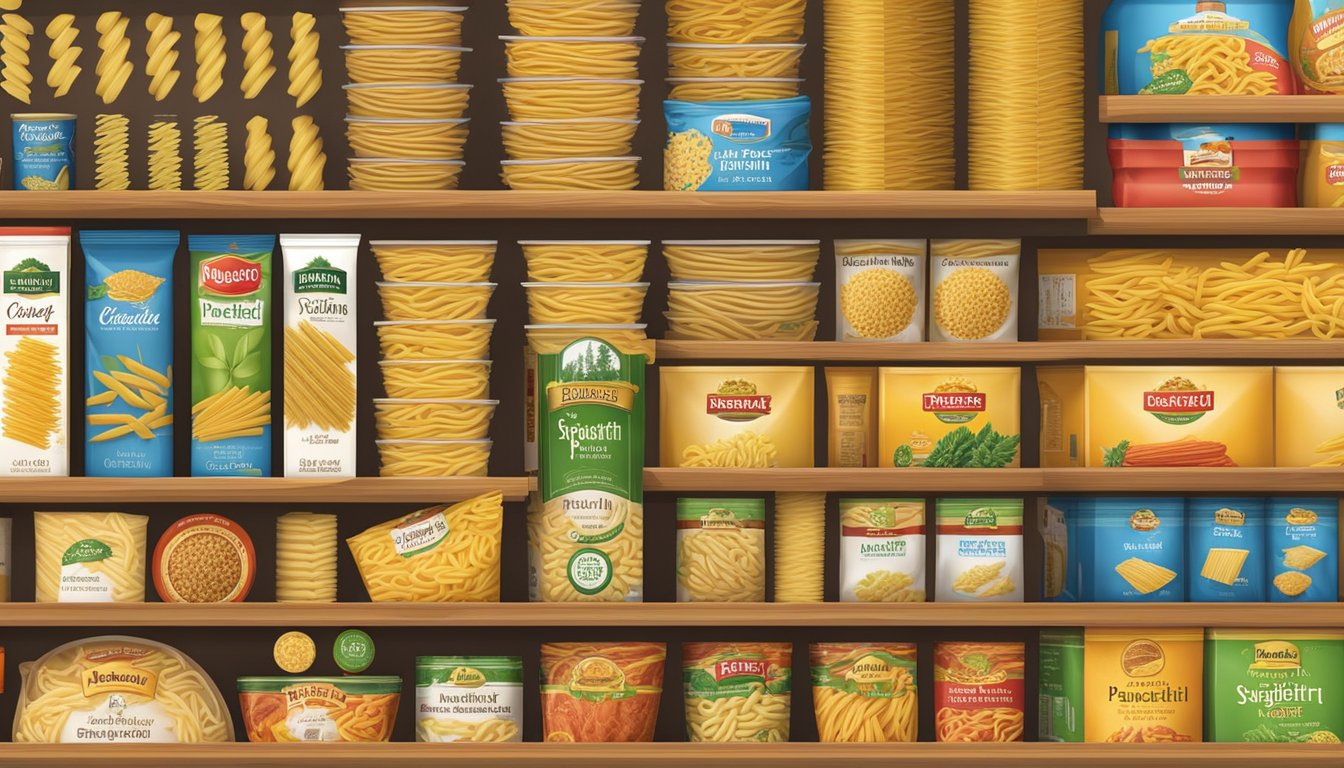 A variety of dry pasta brands fill the pantry shelves, including spaghetti, penne, and fusilli. Labels display different shapes and sizes