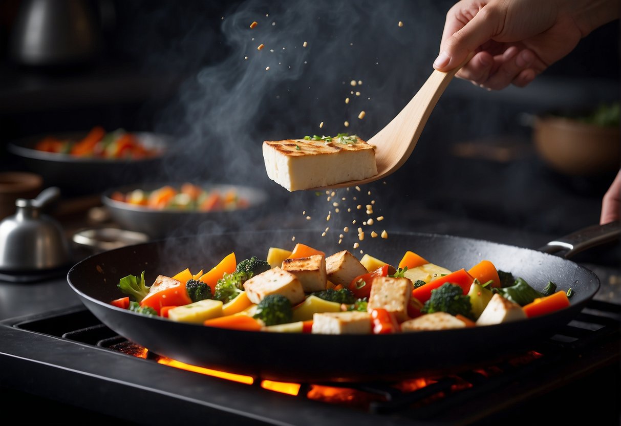 A chef tosses colorful vegetables and sizzling tofu in a sizzling wok, adding a blend of savory sauces and spices