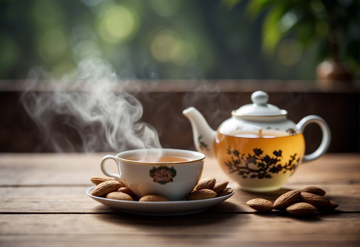 A steaming cup of Chinese almond tea sits on a wooden table, surrounded by almond slices and a small teapot